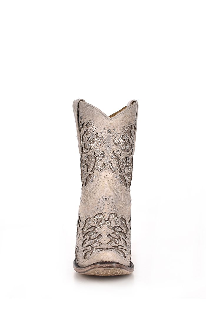 White Bootie with Glitter Crystal Inlay Western Boot - Corral Boots at Bourbon Cowgirl