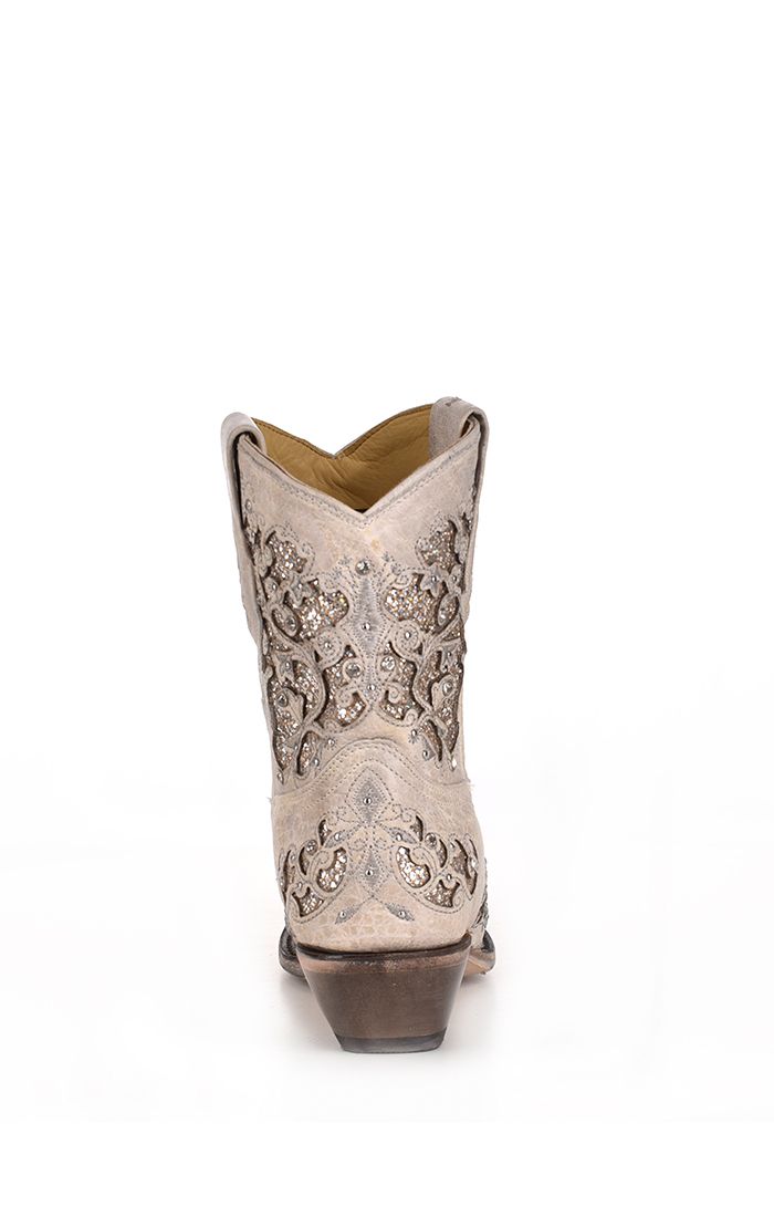 White Bootie with Glitter Crystal Inlay Western Boot - Corral Boots at Bourbon Cowgirl