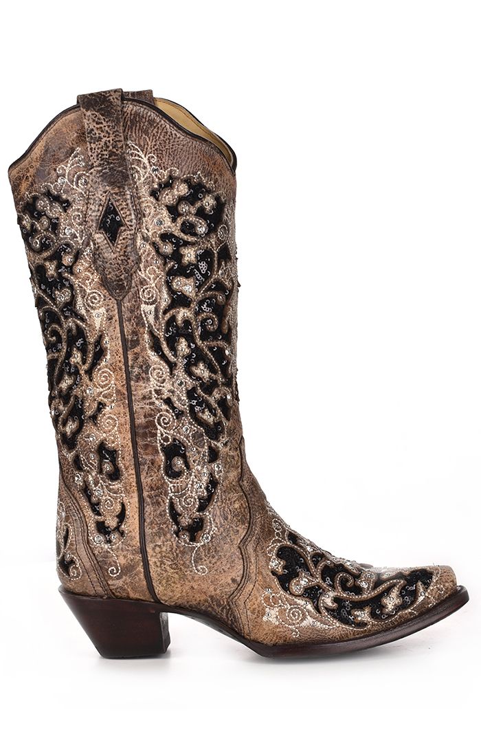 Brown Inlay with Glitter, Crystals & Embroidery Western Boot - Corral Boots at Bourbon Cowgirl