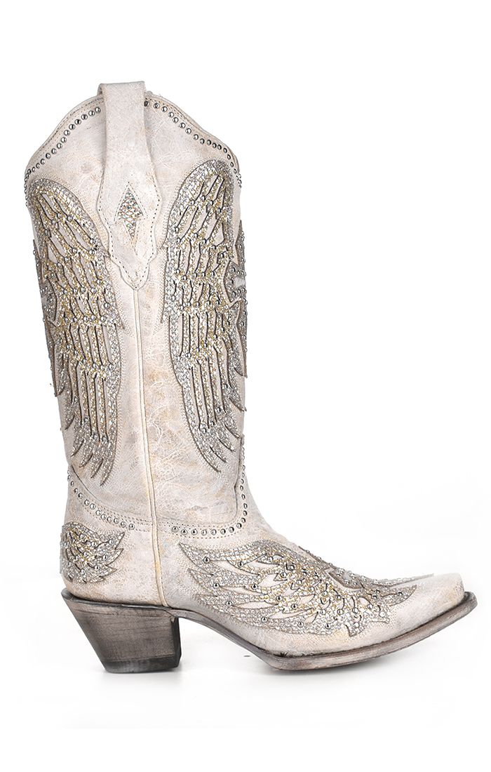 Wing & Cross Studded White Wedding Boots - Corral Boots at Bourbon Cowgirl