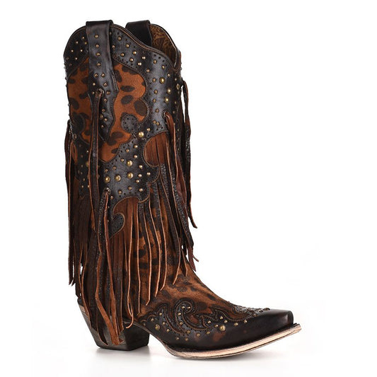 Honey Goat Overlay with Studs and Fringe Boots - Corral Boots at Bourbon Cowgirl