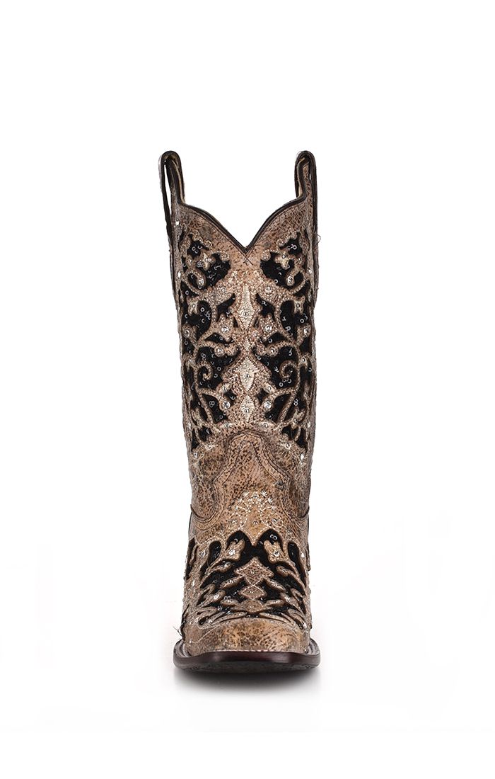 Brown Inlay Studs Crystals & Embroidery Western Boot - Corral Boots at Bourbon Cowgirl