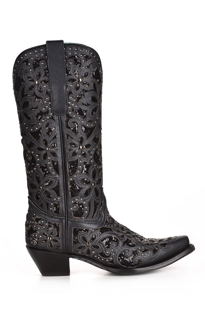 Black Inlay Sequins Studs Embroidery Western Boot - Corral Boots at Bourbon Cowgirl
