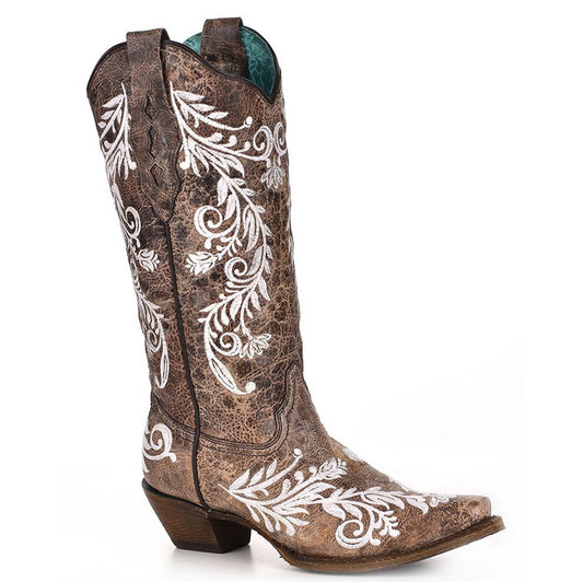 Brown White Embroidery Glow Western Boot - Corral Boots at Bourbon Cowgirl