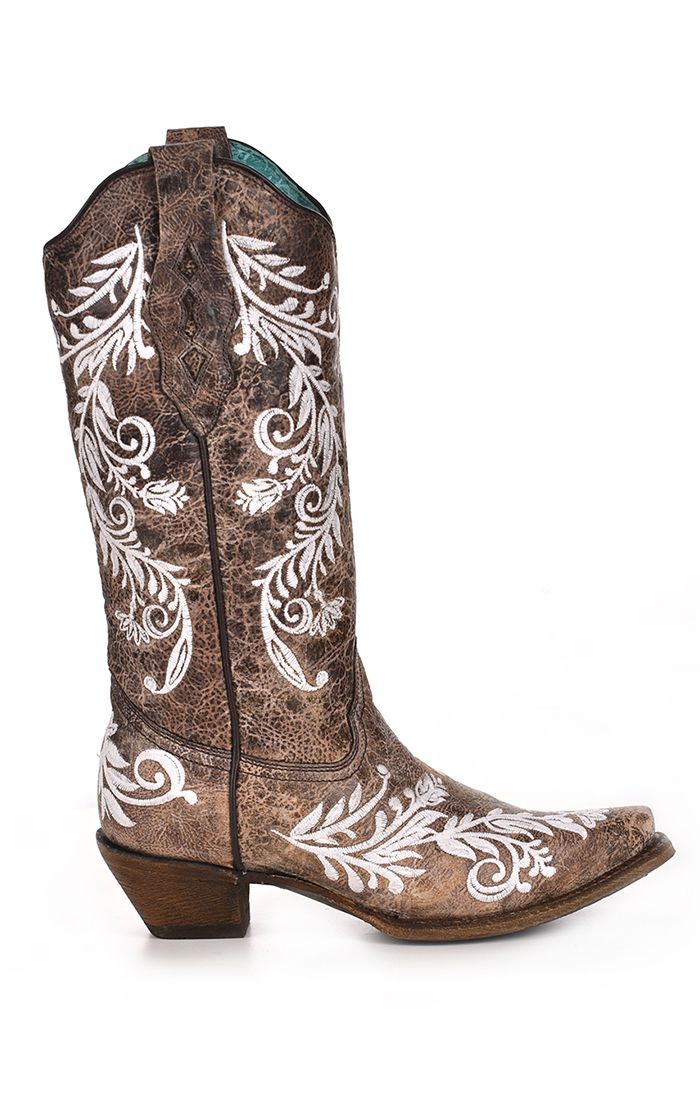 Brown White Embroidery Glow Western Boot - Corral Boots at Bourbon Cowgirl