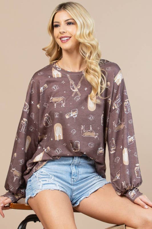 Western Print Long Sleeve Sweatshirt for Cowgirls