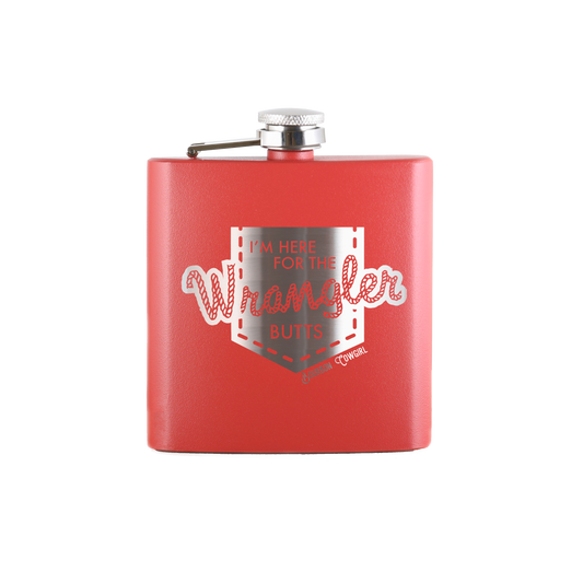 Red flask with Wrangler Butts design