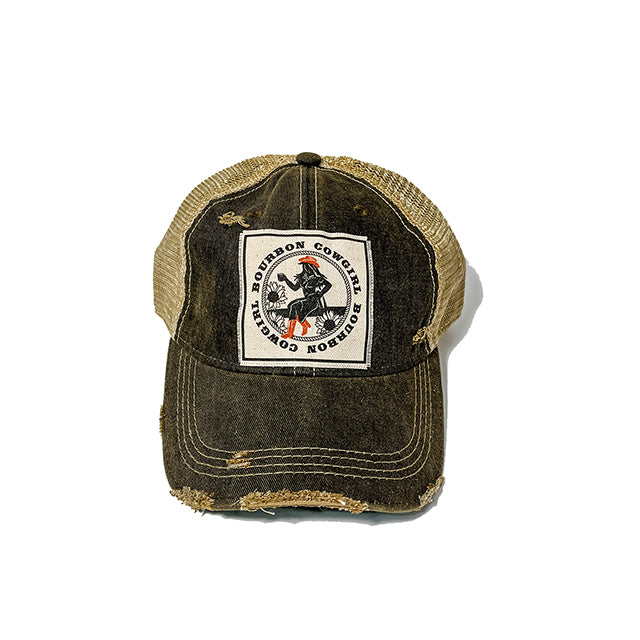 Bourbon Cowgirl Distressed Black Snap Back Trucker Hat