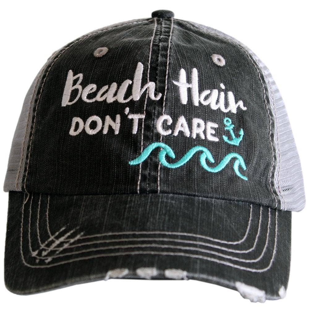 Beach Hair Don't Care WAVES Trucker Hat in Gray and Mint